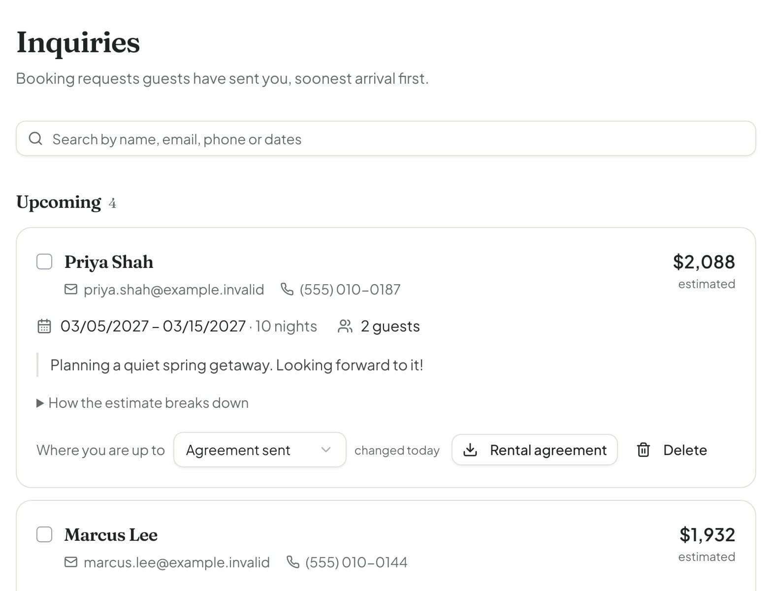 Guest inquiries with dates, estimated totals, and booking status