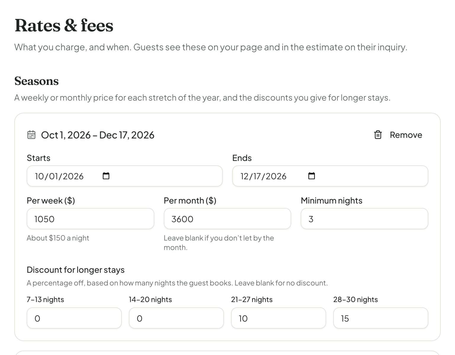 Seasonal rates, minimum stays, and long-stay discounts in the dashboard