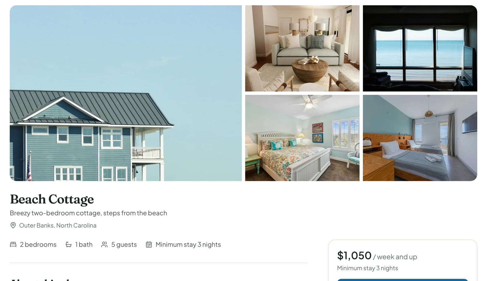 Beach Cottage, an example rental website built with Own Your Rental