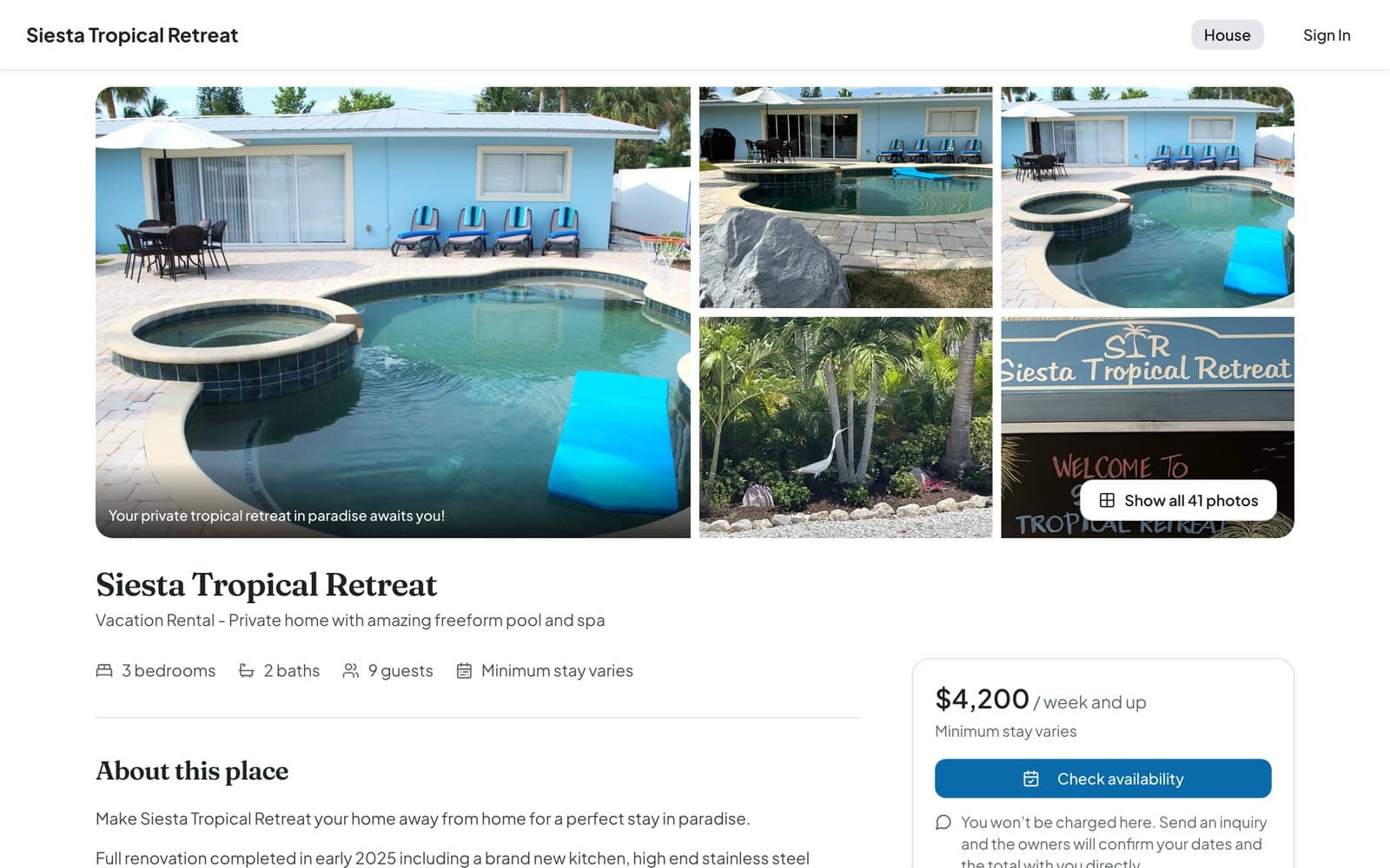 The Siesta Tropical Retreat website, built with Own Your Rental